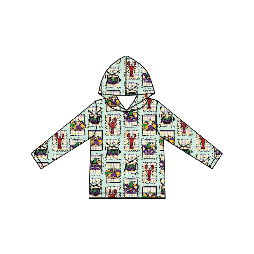 Preorder MOQ 5 pcs BT1968 Mardi Gras Plaid Kids Boys Hoodie Pullover