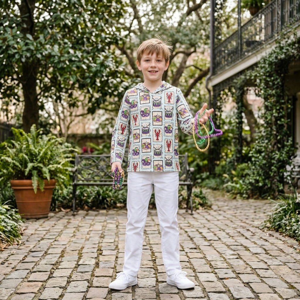 BT1968 Mardi Gras Plaid Kids Boys Hoodie Pullover