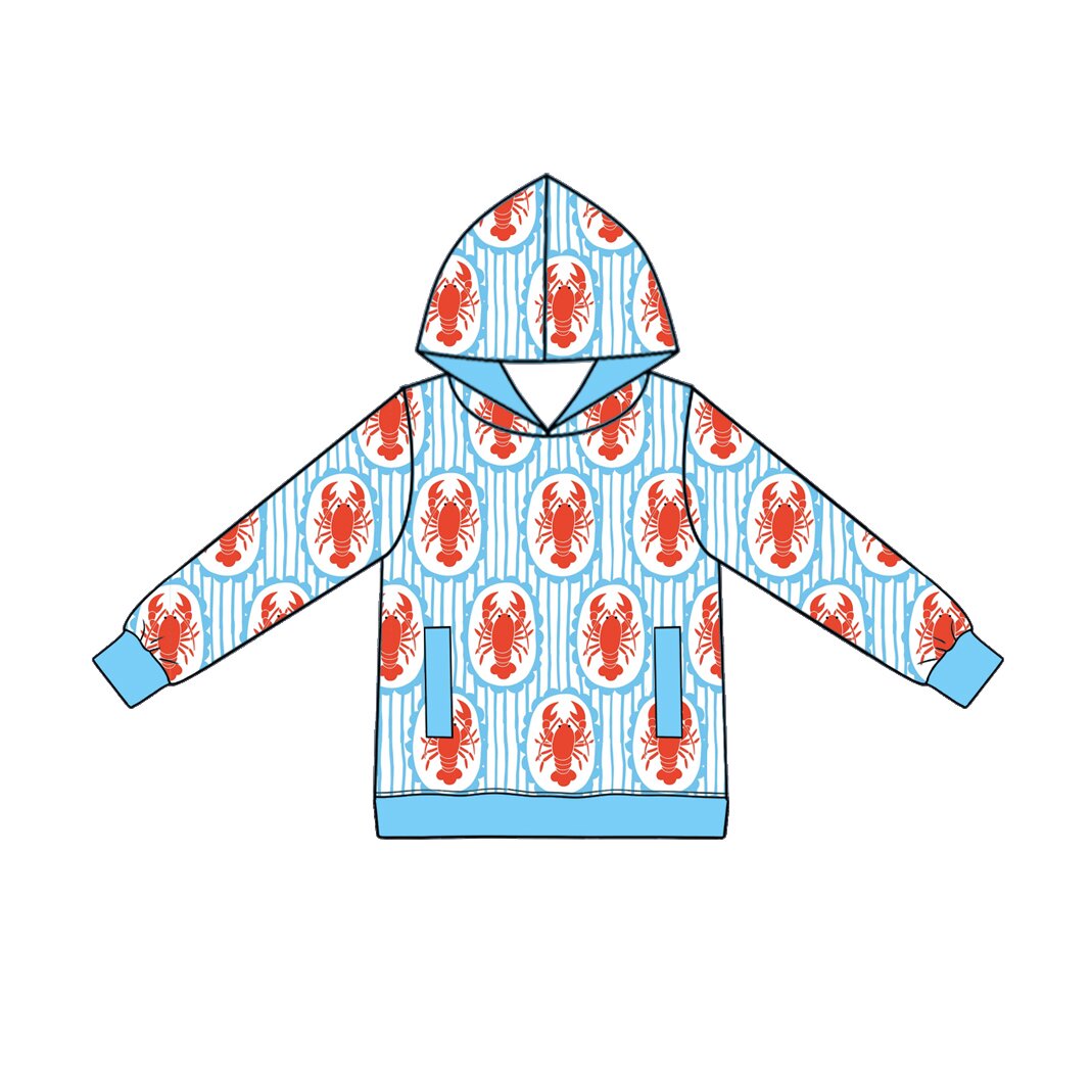 Preorder MOQ 5 pcs BT1974 Mardi Gras Crawfish Stripe Blue Kids Boys Hoodie Pullover