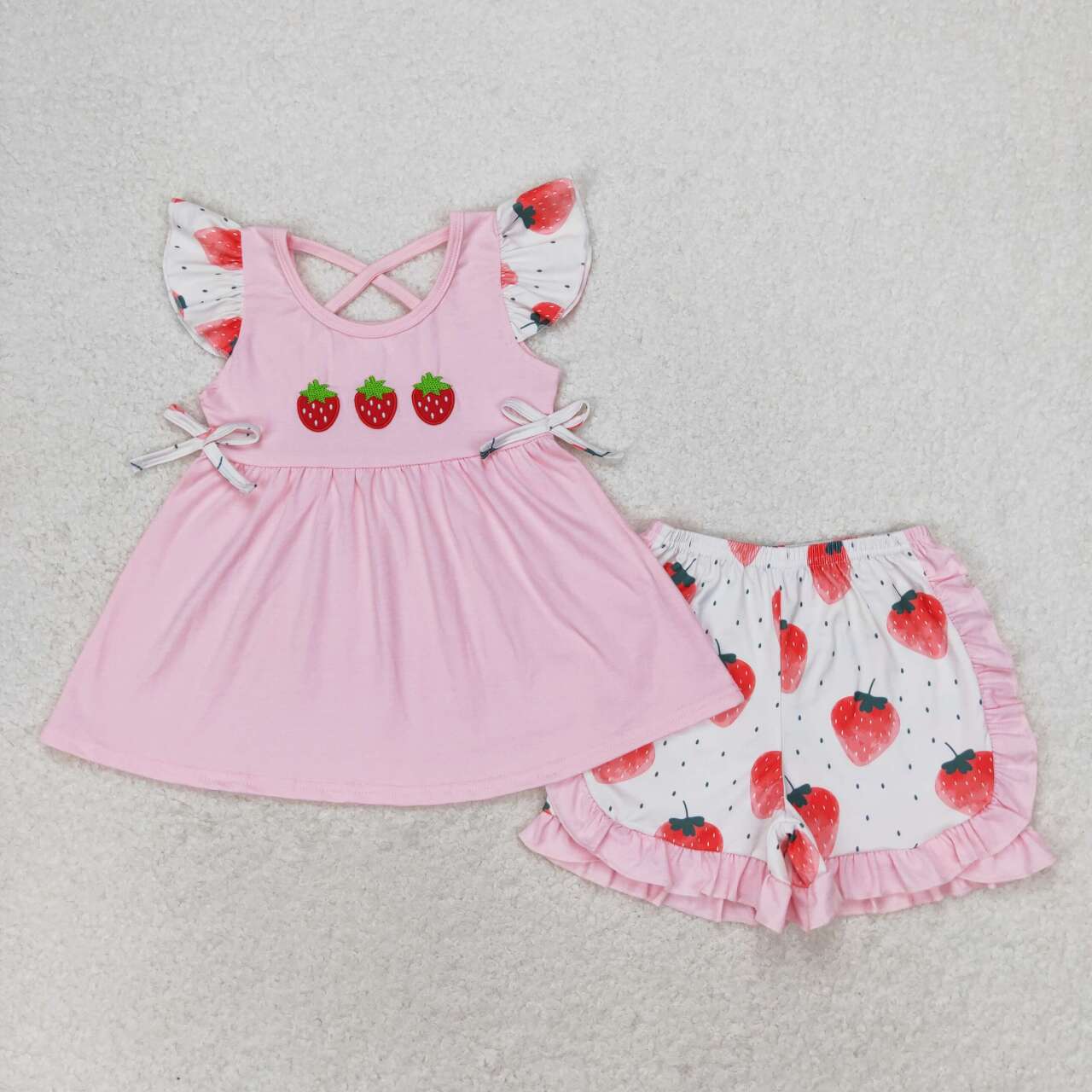 Strawberry embroidery Pink Girls Set