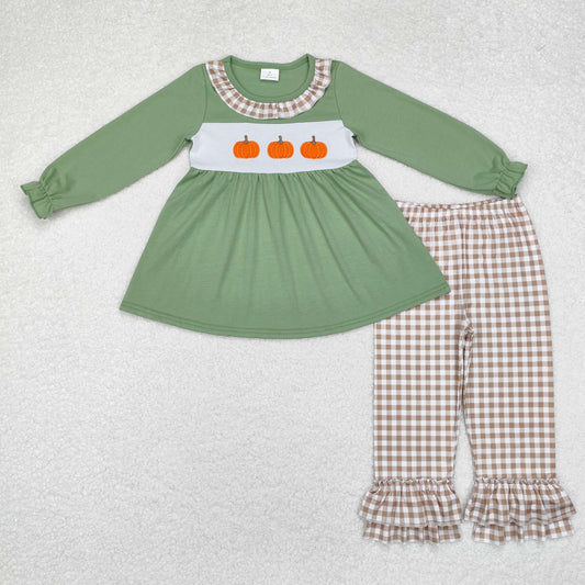 Fall Outfits Embroidery green pumpkin Print Girls Set