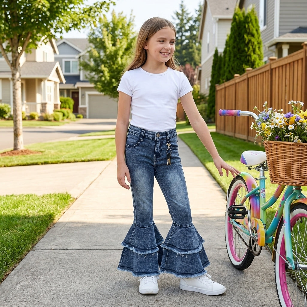 C5-15 Vintage Blue Denim jeans Double Ruffles Girls Jeans