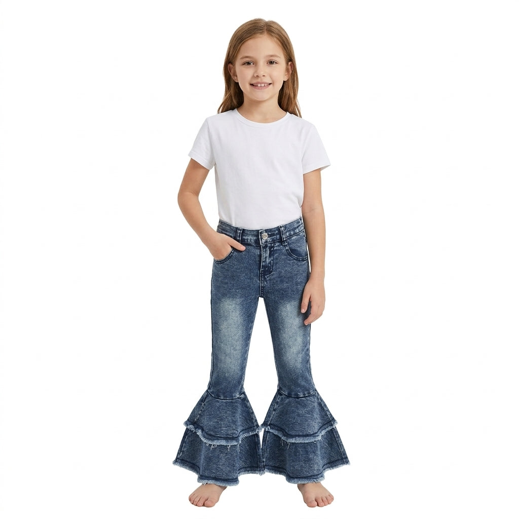 C5-15 Vintage Blue Denim jeans Double Ruffles Girls Jeans