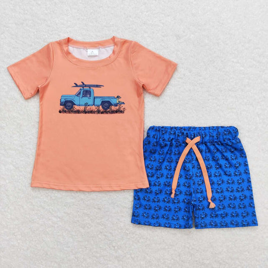 orange car short sleeve boy set
