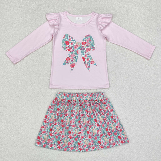 Fall pink bow floral Skirt Girls Outfits