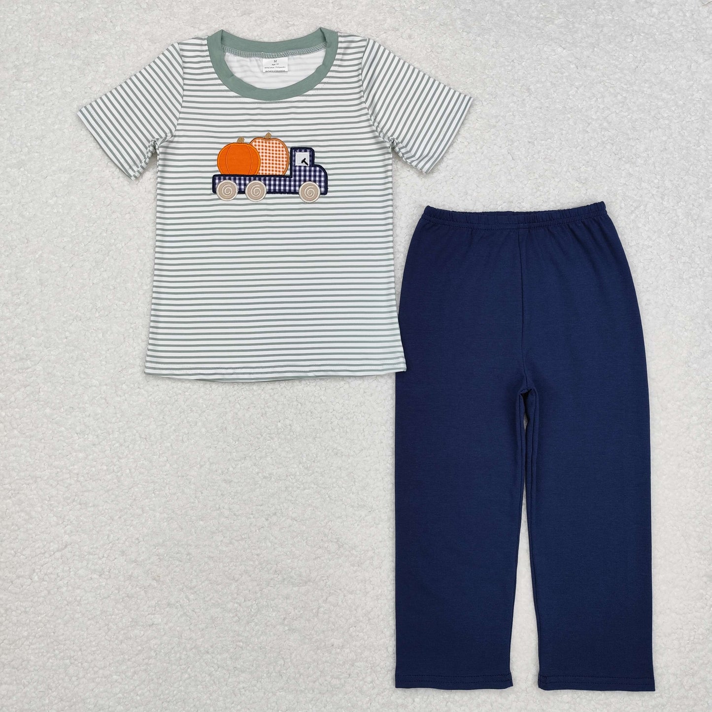 Stripe pumpkin embroidery Print Boy Set