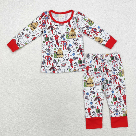 Christmas Red Snowman Print Long Sleeve Pajamas ( material contains bamboo ）