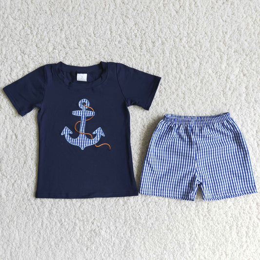 Navy Embroidery Stripe boy summer set