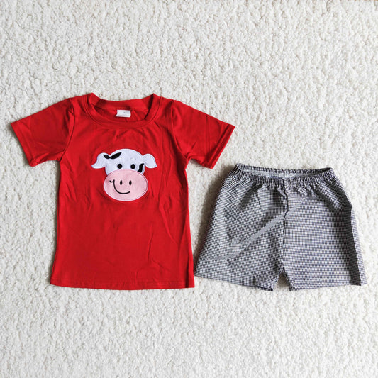 Embroidery Red Cow boy summer set