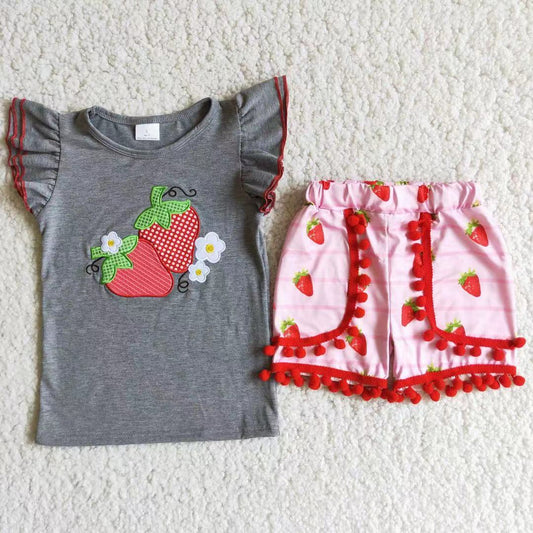 Grey strawberry embroidery Girl summer set