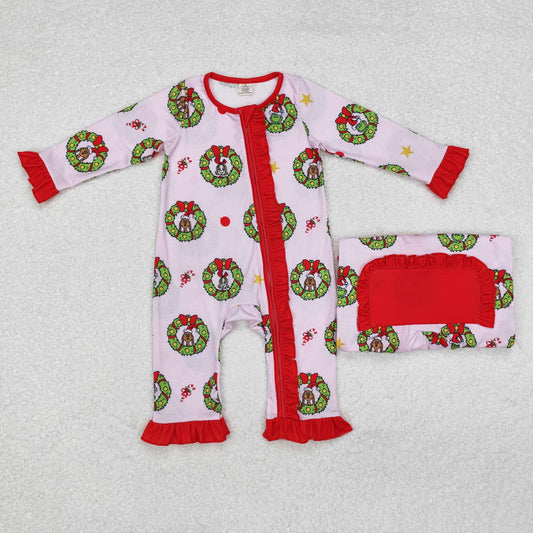 Christmas pink cartoon print Baby Romper With zipper( material contains bamboo ）