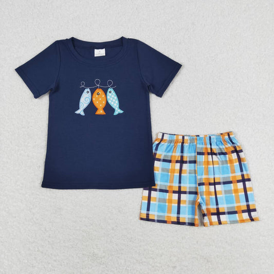 Navy Embroidered Fish Plaid Boy Set