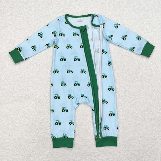 Blue car Baby Romper With zipper( material contains bamboo ）