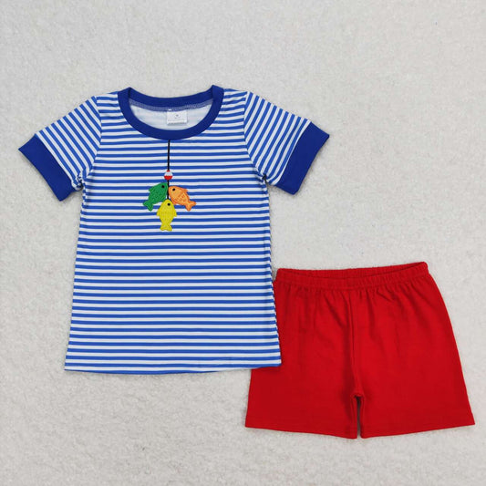 Blue stripe Embroidered go fish Boy Set