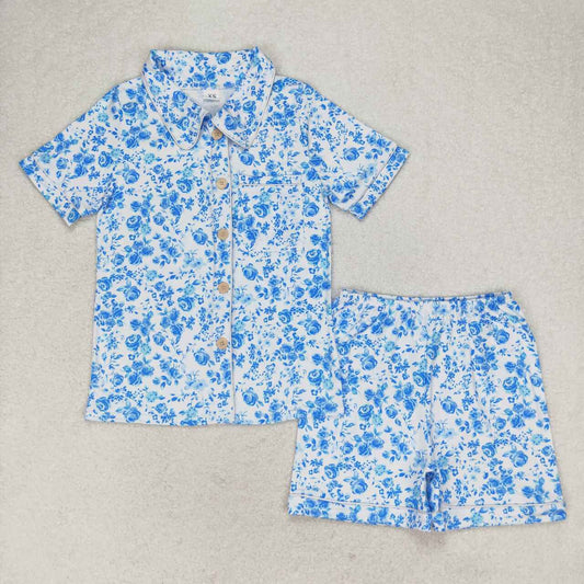 adult Blue flower Print Short Sleeve Short Pajamas