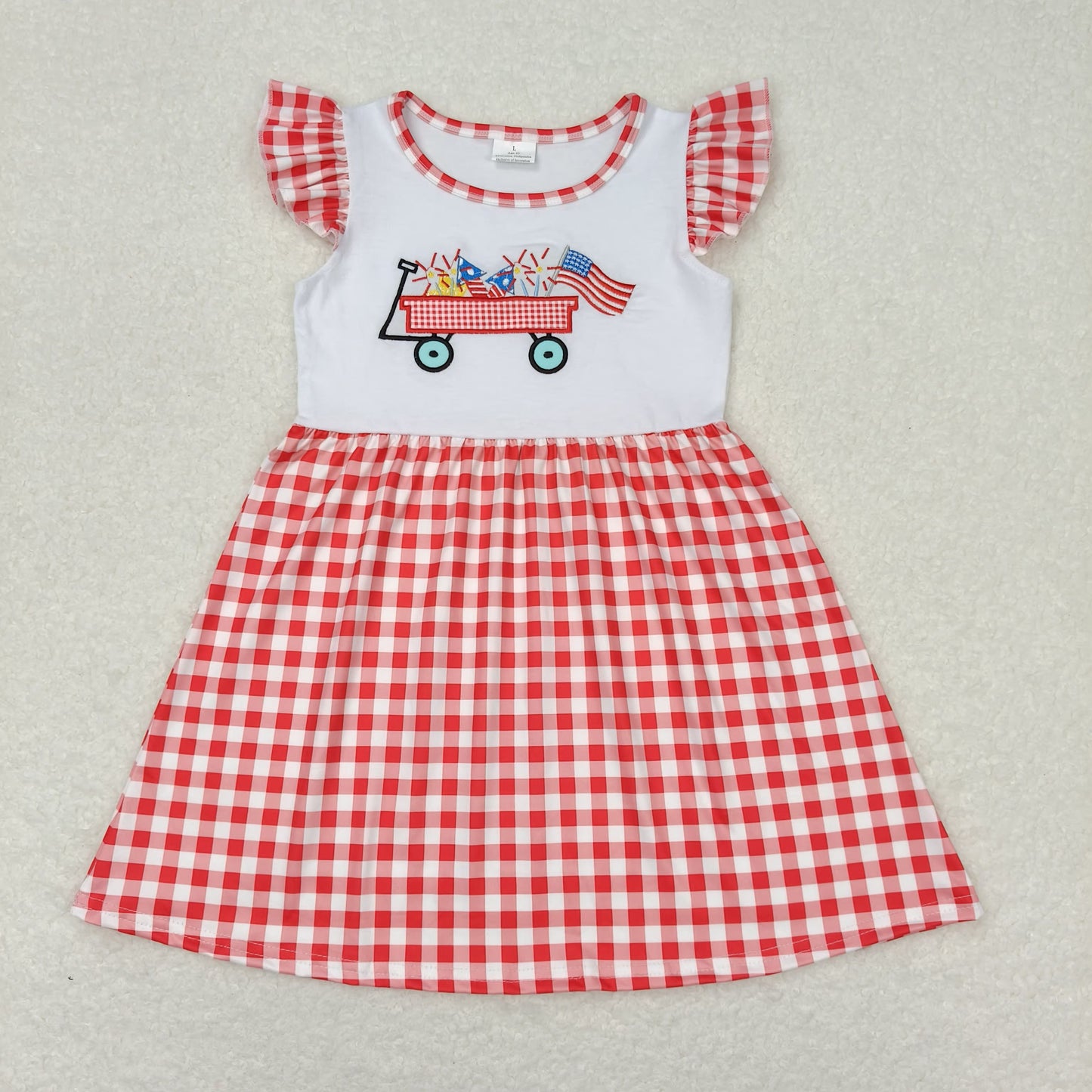 july of 4th red plaid Embroidery Girls Dress