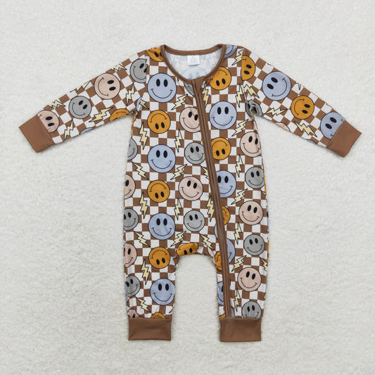 Smile Brown plaid Baby Romper With zipper