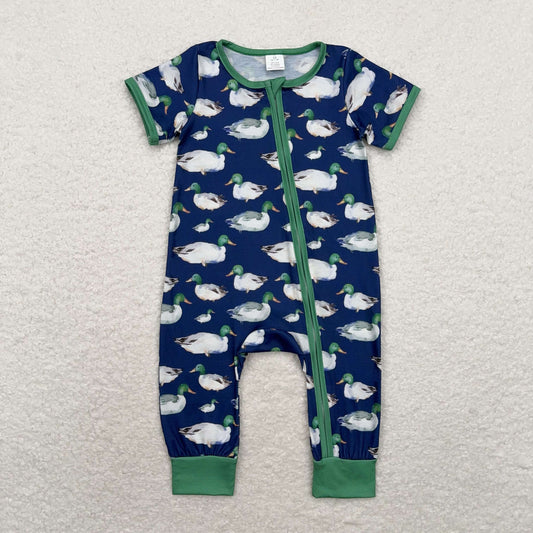 Navy duck Print Baby Romper With zipper