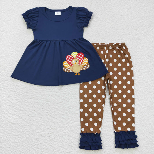 Thanksgiving Day Navy Embroidered Turkey Girls Outfits