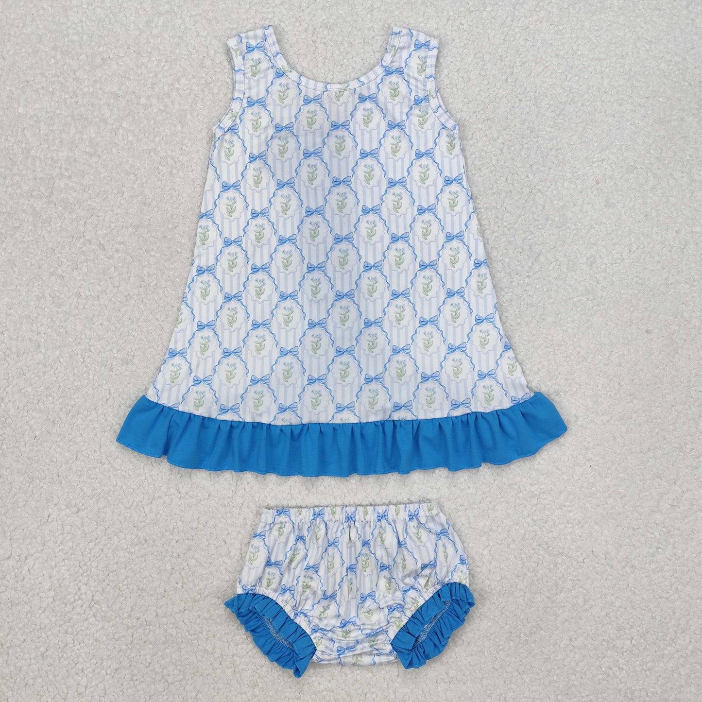 flowers bow blue sleeveless Girls ‘s bummie outfit