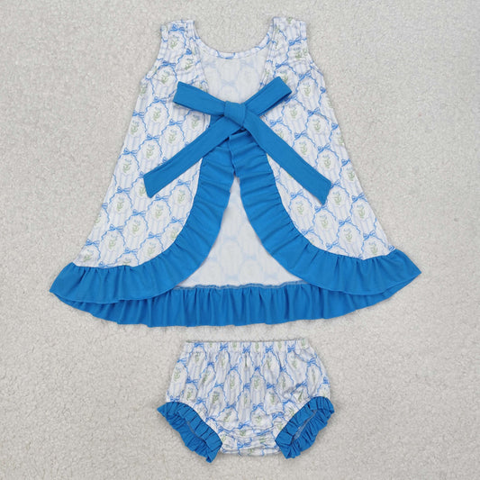 flowers bow blue sleeveless Girls ‘s bummie outfit