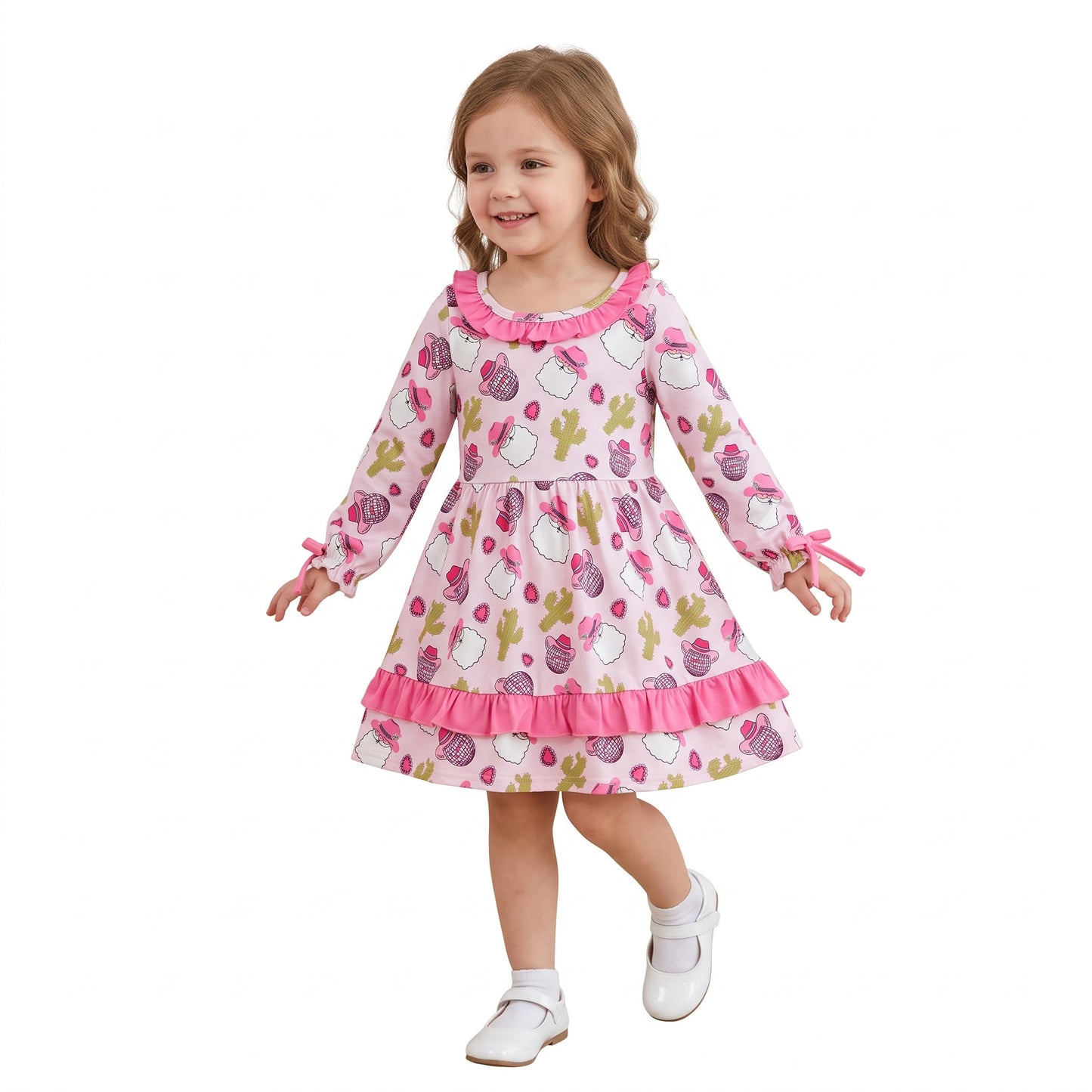 GLD0753 Christmas Santa Cactus Ruffles Girl's Dress