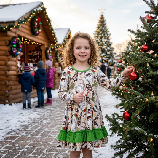 GLD1213 Christmas Cowboy Santa Cactus Ruffles Girl's Dress