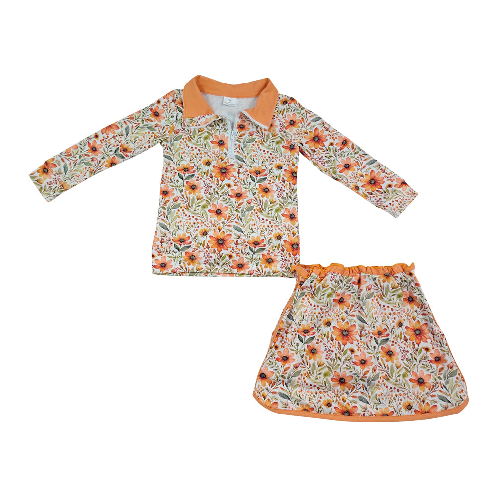 Fall Orange flowers Long sleeve Girls Skort Outfits GLD1606