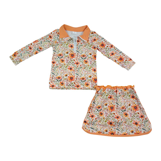Fall Orange flowers Long sleeve Girls Skort Outfits GLD1606