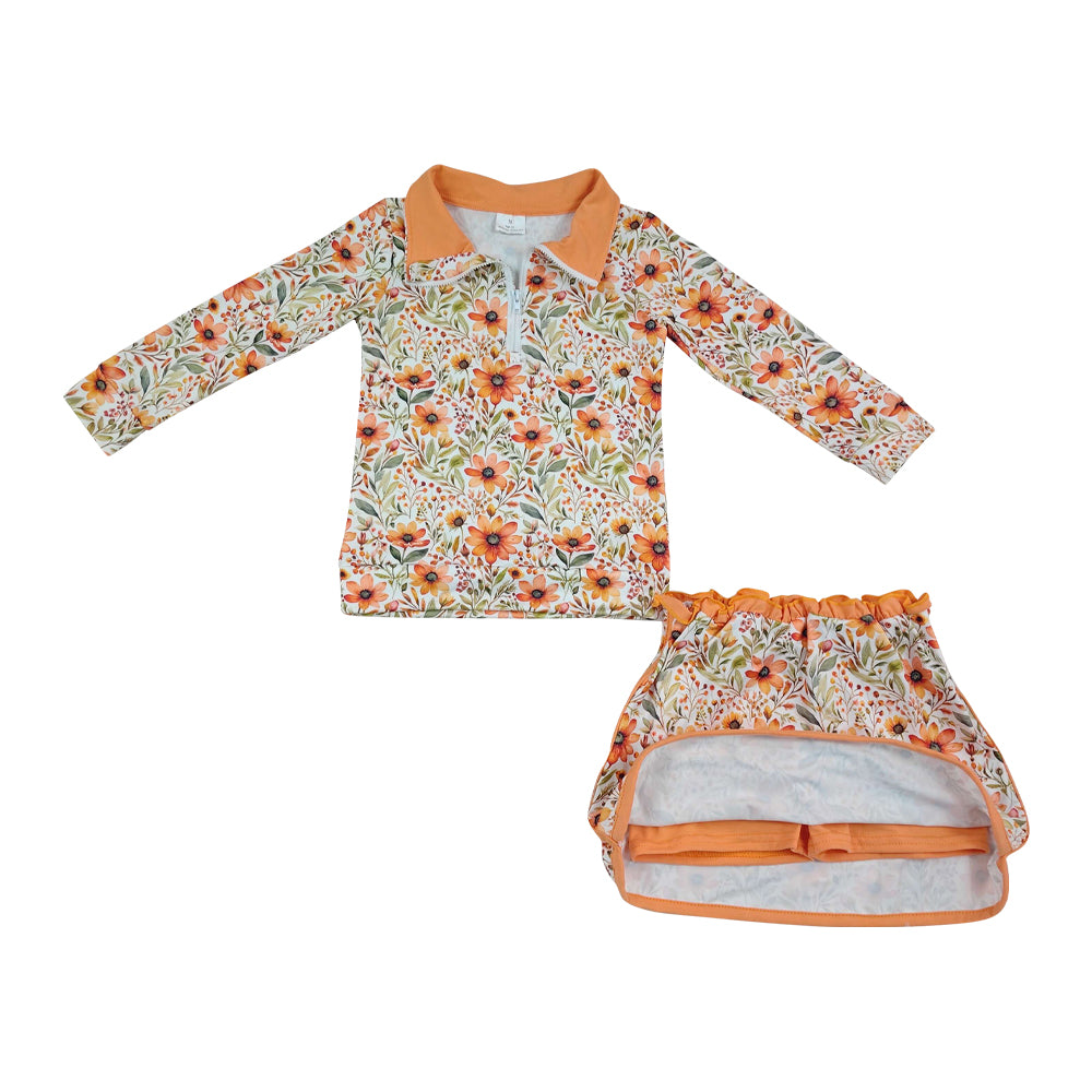 Fall Orange flowers Long sleeve Girls Skort Outfits GLD1606