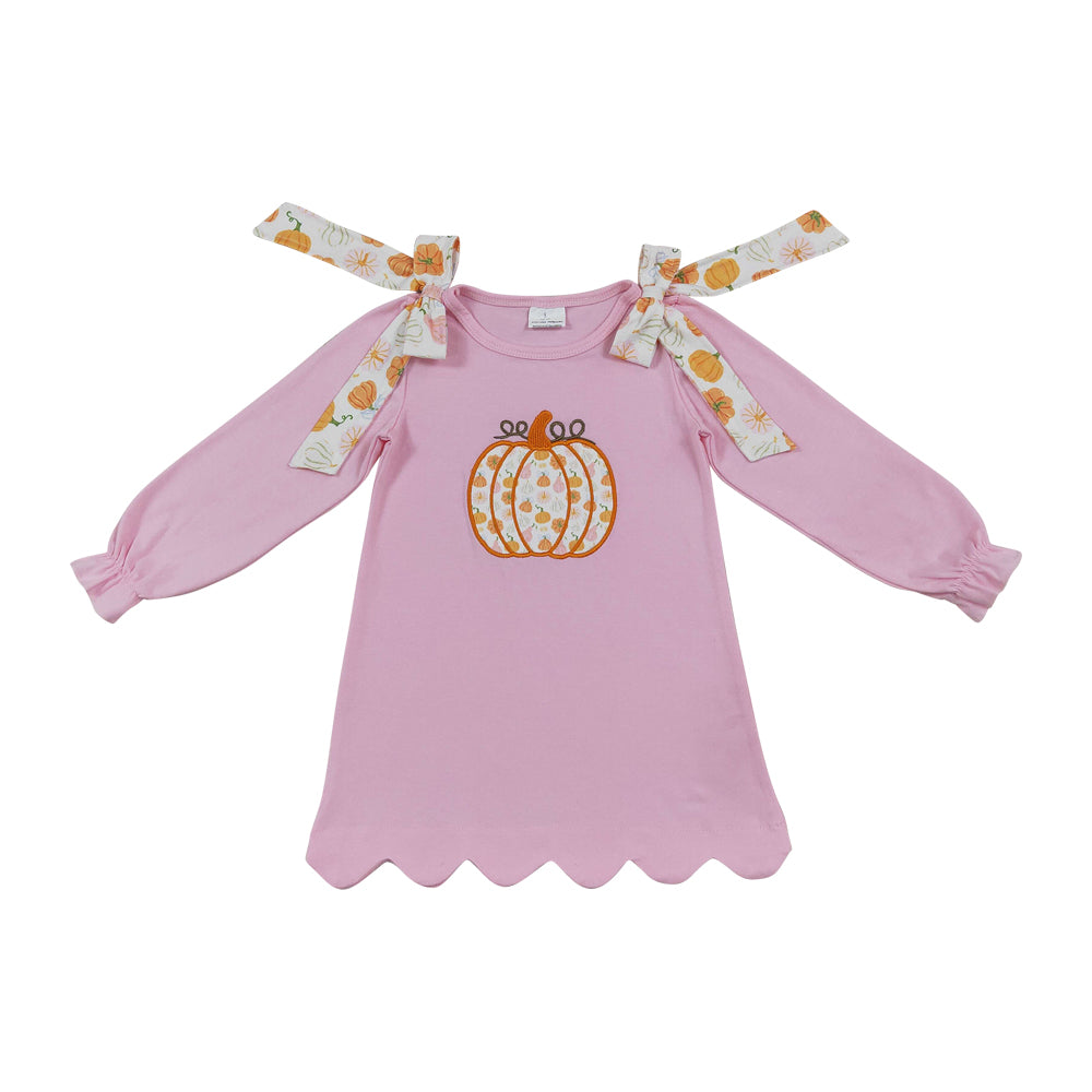 Fall pumpkin Pink Embroidered Bow Girls Dress GLD1642