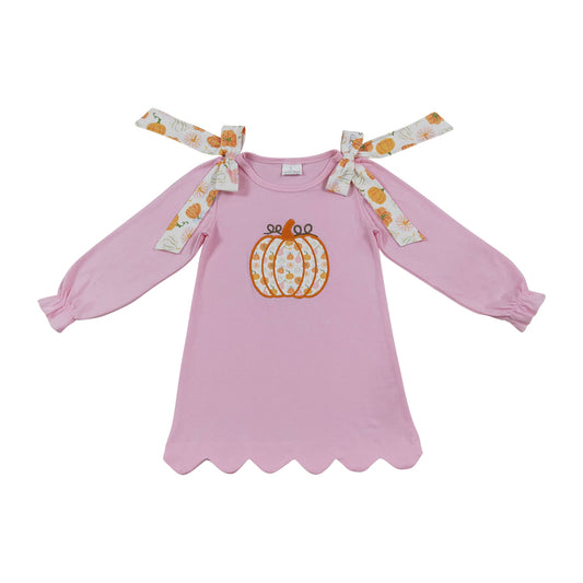 Fall pumpkin Pink Embroidered Bow Girls Dress GLD1642