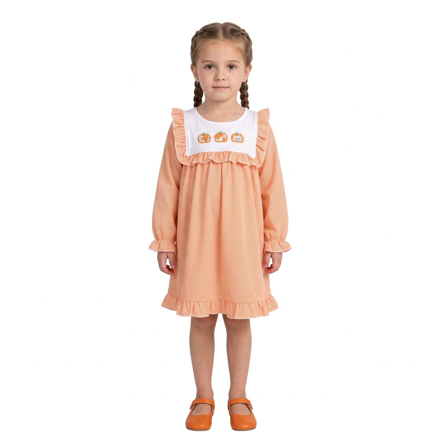 GLD1645 Embroidery Pumpkin Orange Ruffles Girl's Dress