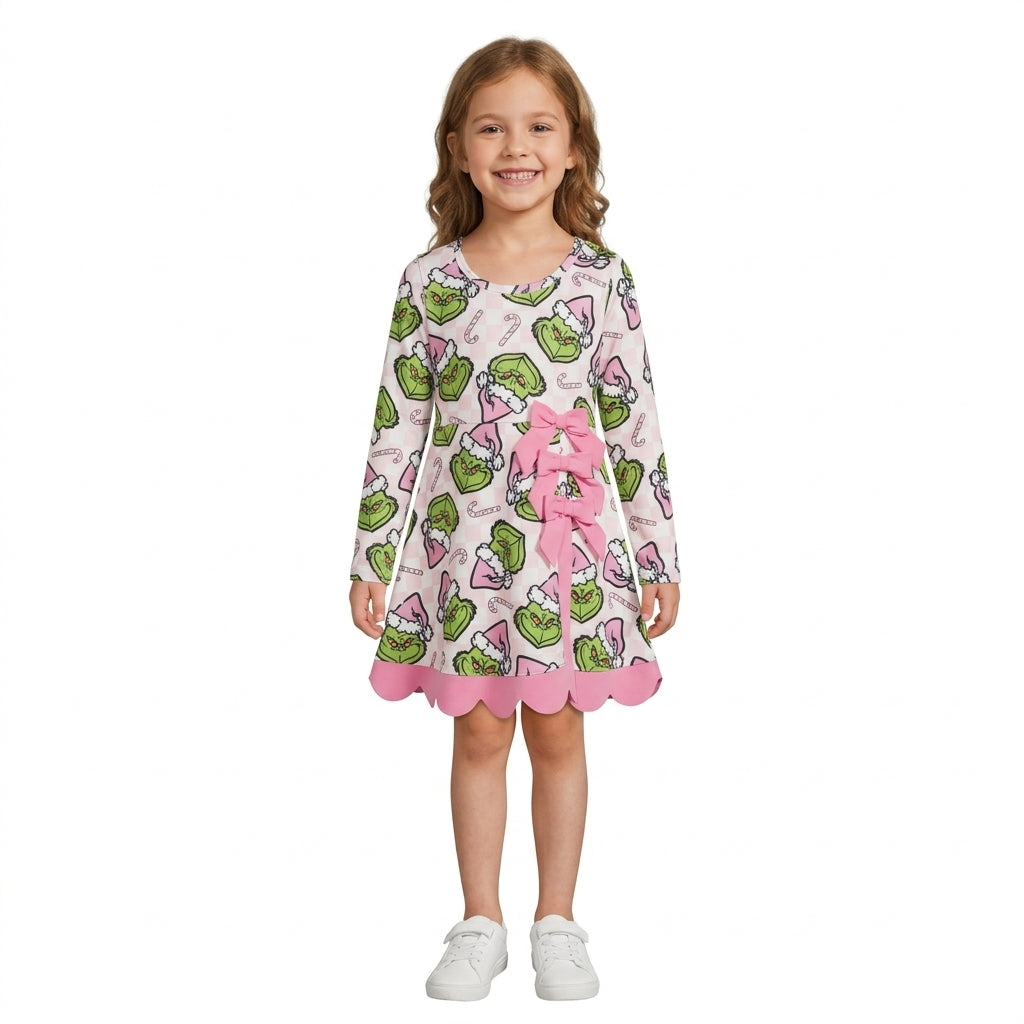 GLD1651 Christmas Green Animals Yoga Scallop Edge Girl's Dress