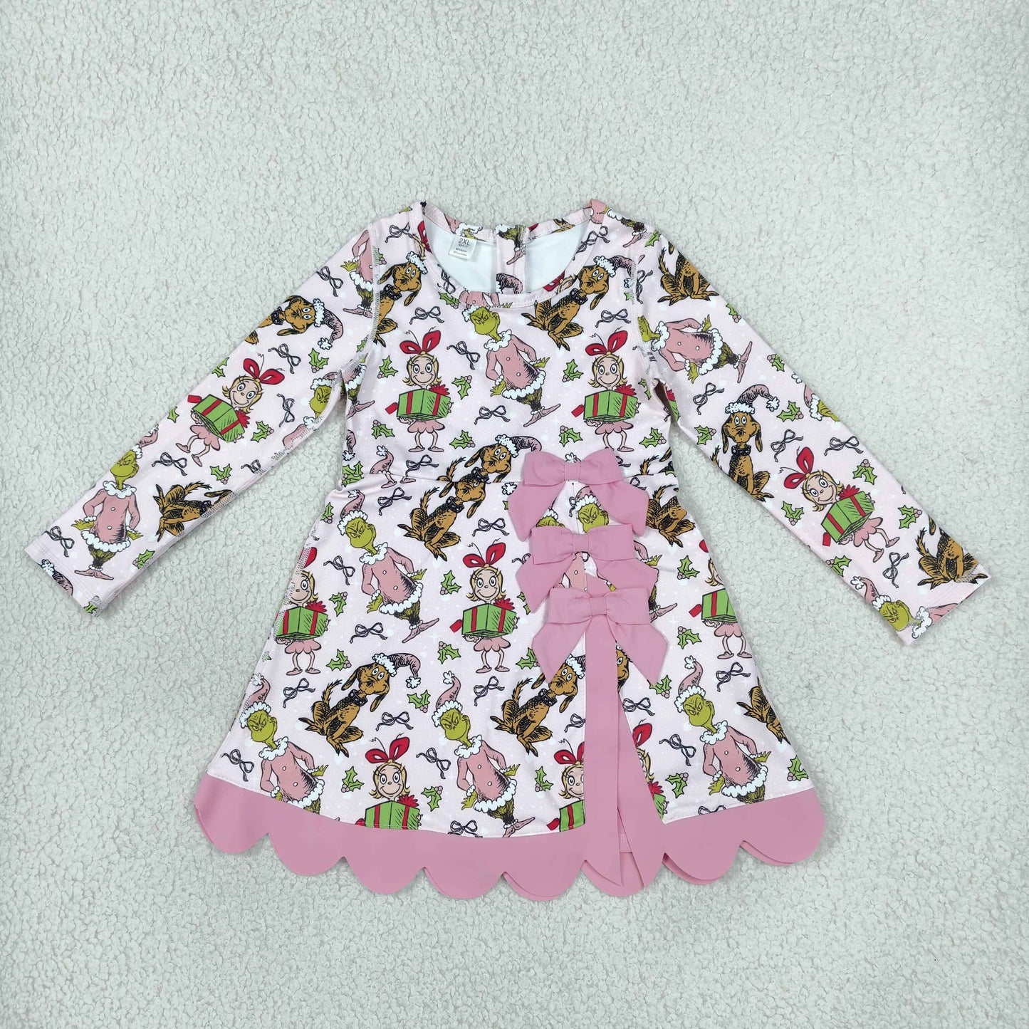 GLD1656 Christmas Green Animals Gift Bows Yoga Scallop Edge Girl's Dress