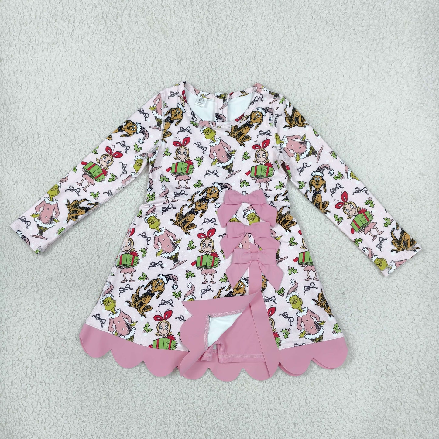 GLD1656 Christmas Green Animals Gift Bows Yoga Scallop Edge Girl's Dress