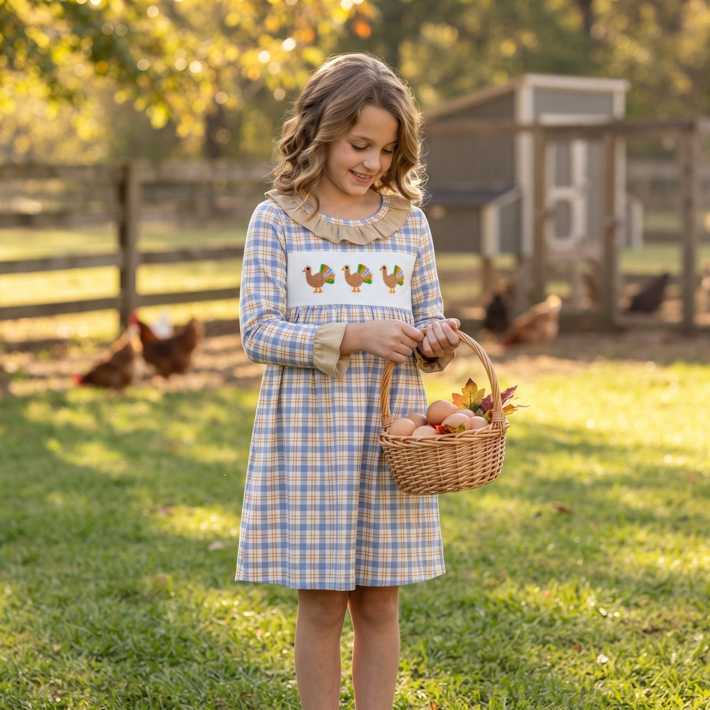 GLD1667 Smocked Thanksgiving Day Turkey Plaid Girl's Dress