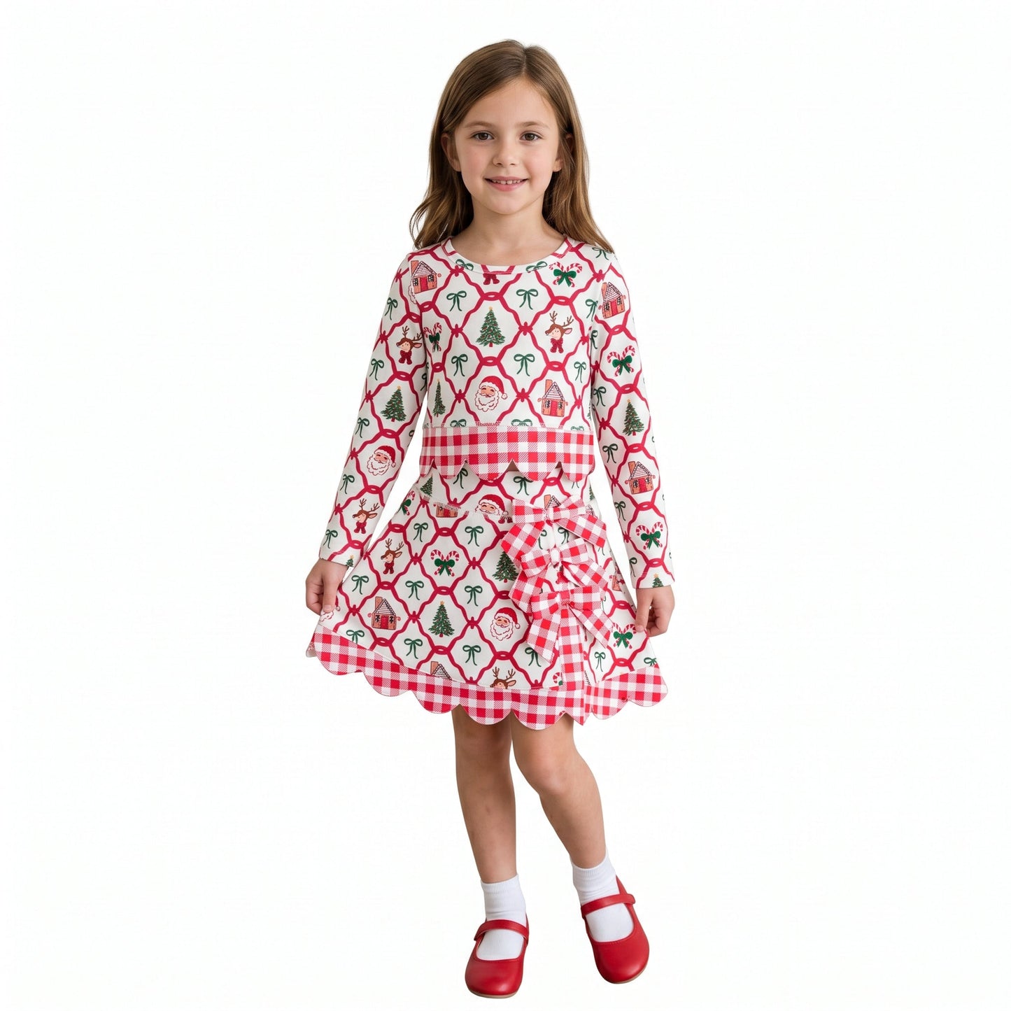 GLD1676 Christmas Santa Bows Scallop Edge Yoga Girls Skorts Set