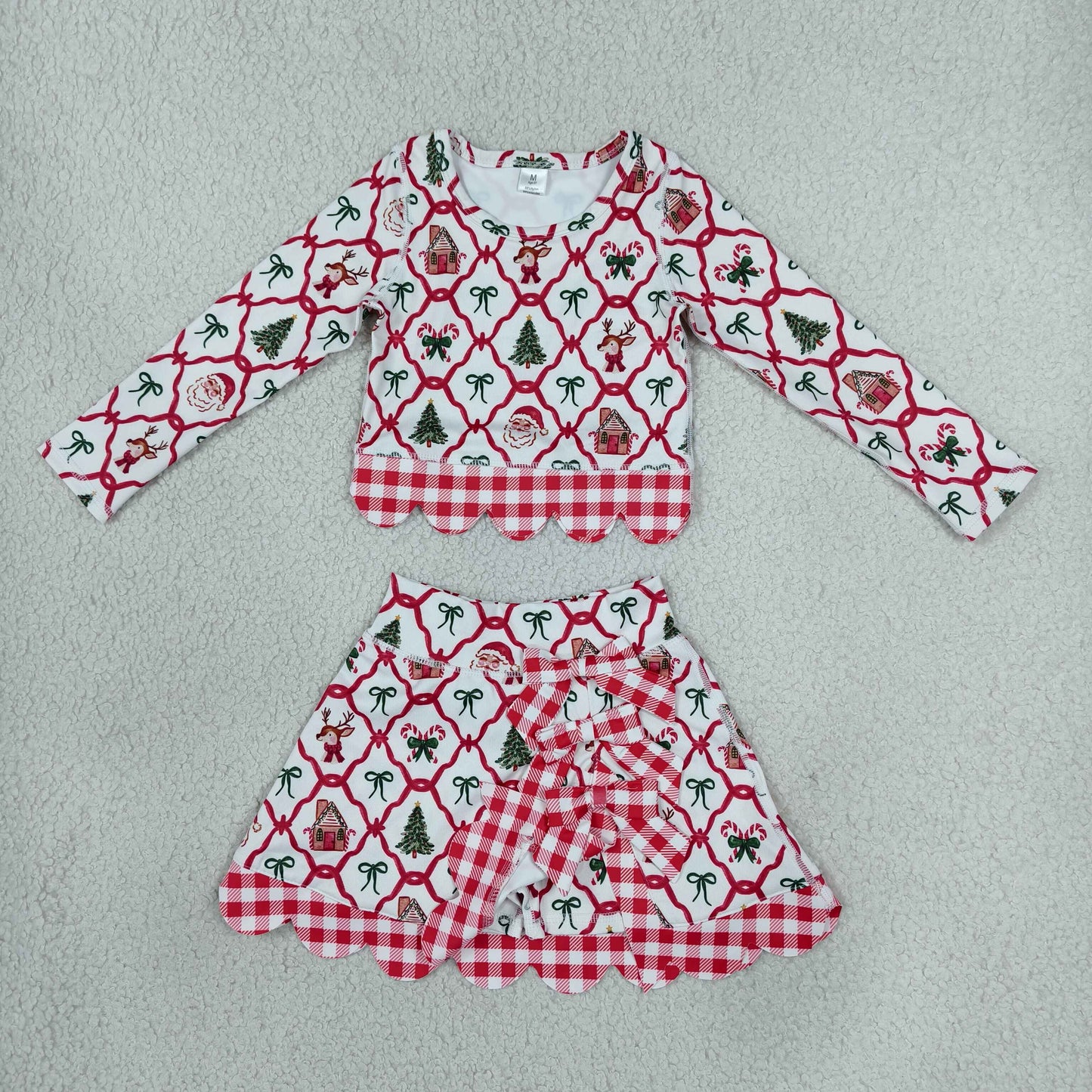 GLD1676 Christmas Santa Bows Scallop Edge Yoga Girls Skorts Set