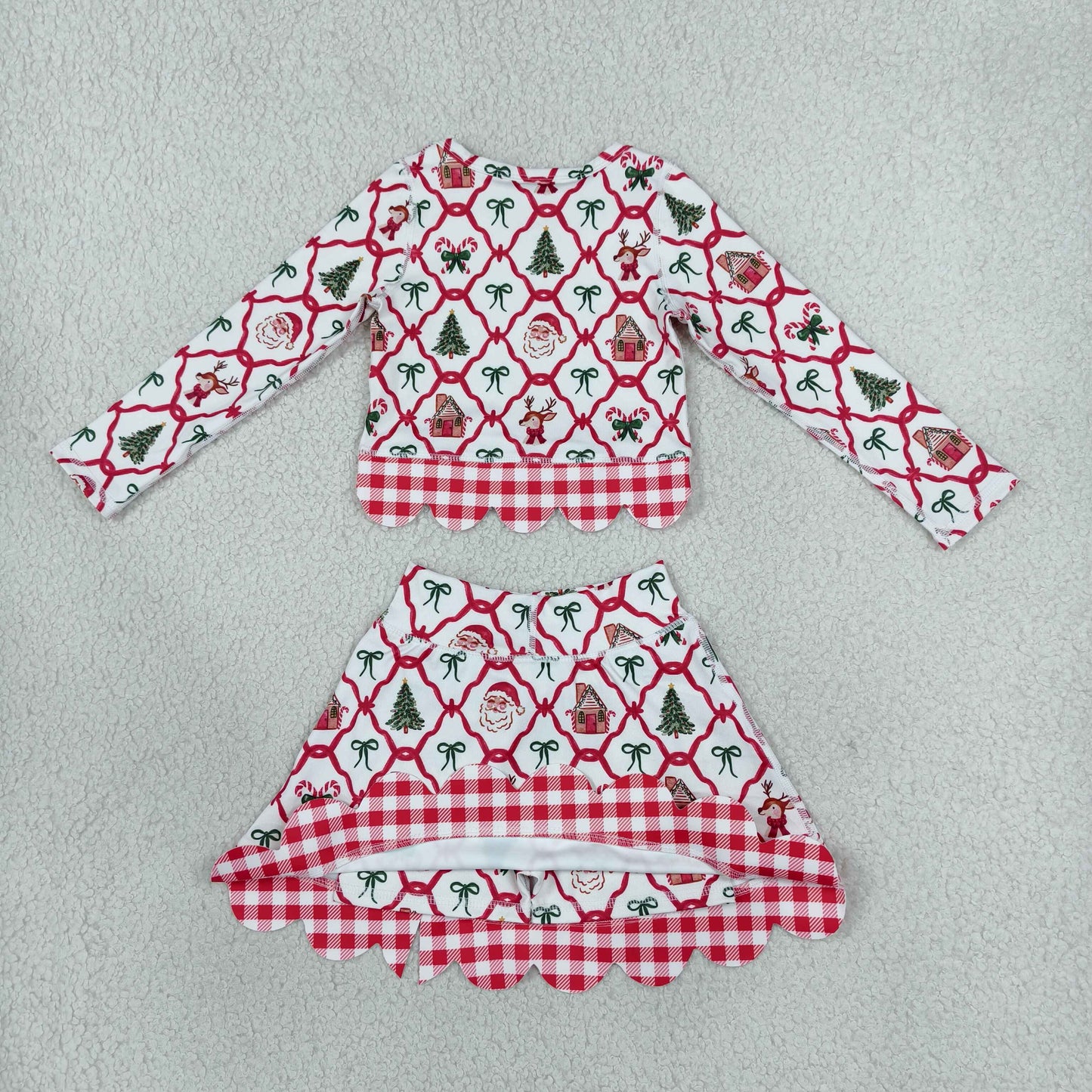 GLD1676 Christmas Santa Bows Scallop Edge Yoga Girls Skorts Set