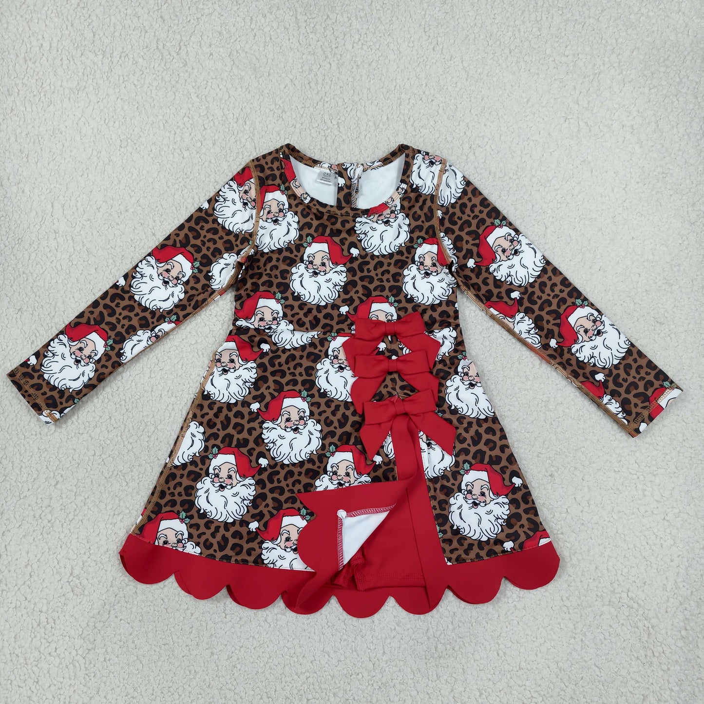 GLD1679 Christmas Santa Leopard Bows Yoga Scallop Edge Girl's Dress