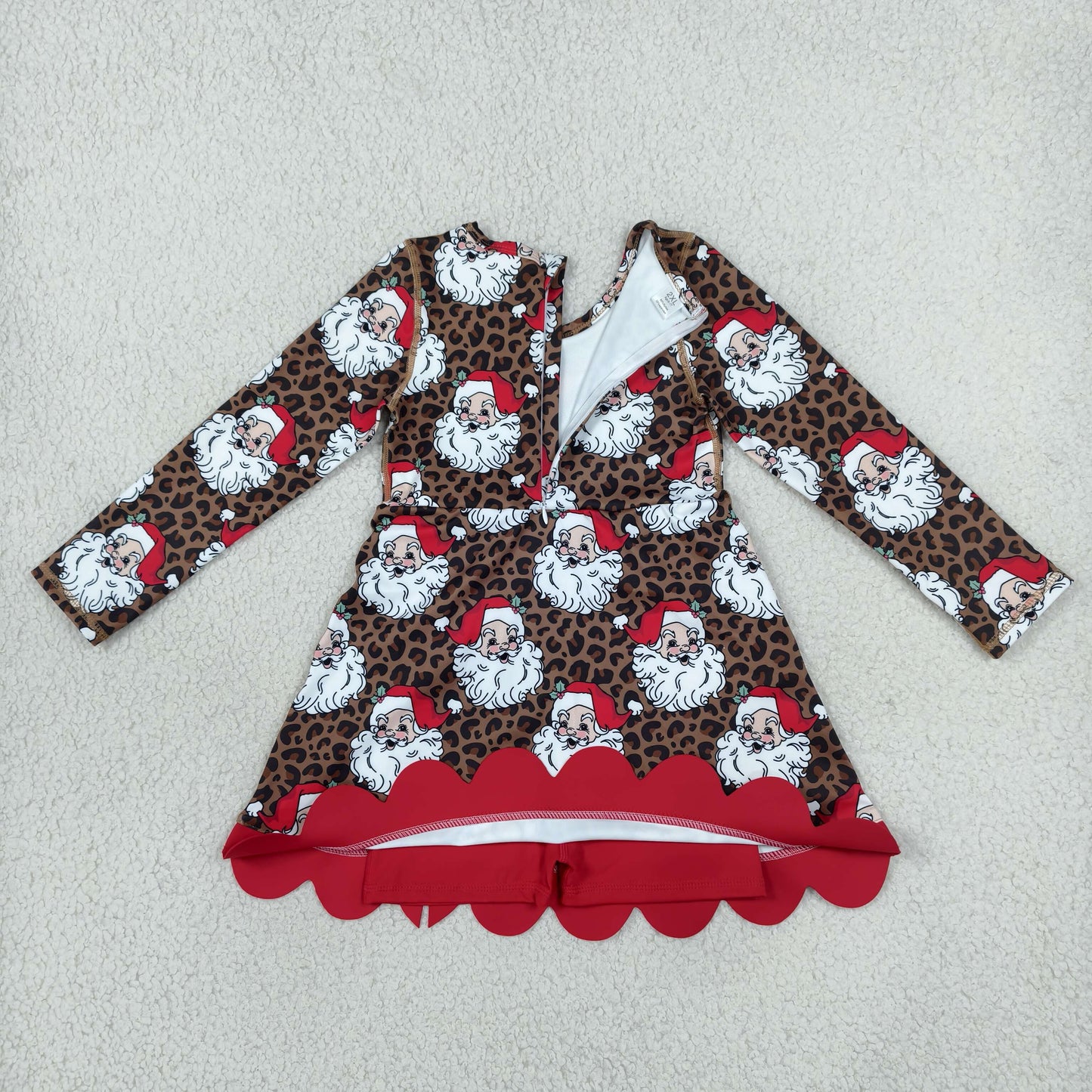 GLD1679 Christmas Santa Leopard Bows Yoga Scallop Edge Girl's Dress
