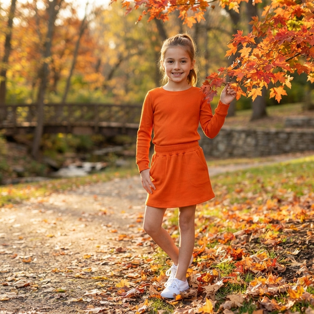 GLD1696 Solid Orange Girls Skorts Set