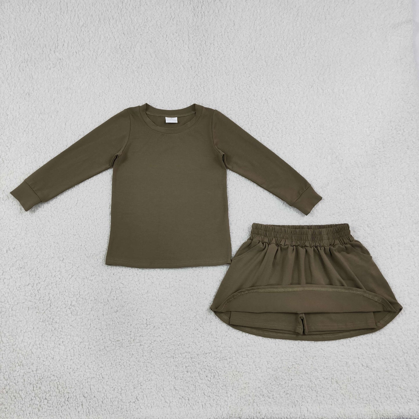 GLD1698 Solid Olive Brown Girls Skorts Set