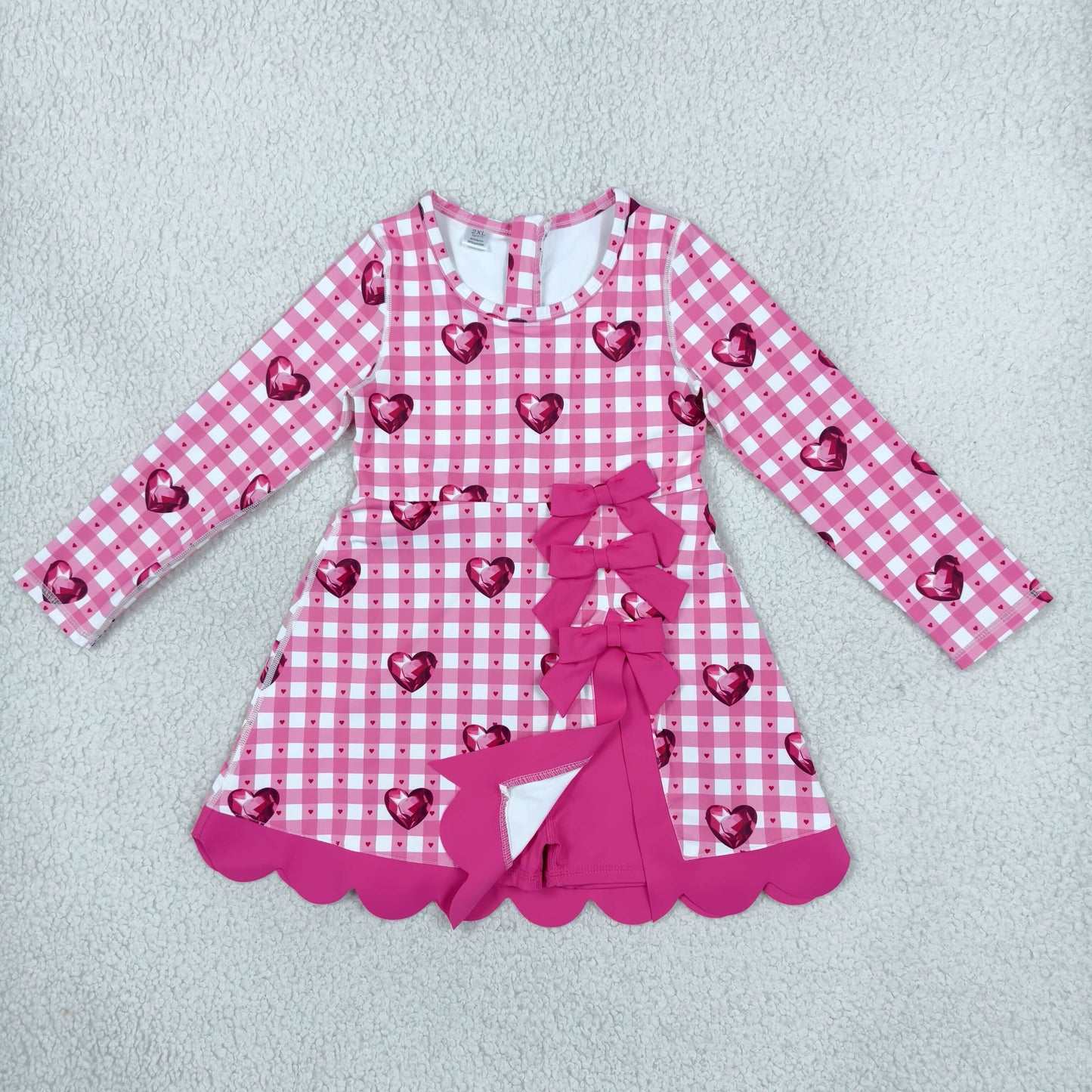 GLD1750 Valentine's Day Love Rose Red Plaid Bows Yoga Scallop Edge Girl's Dress