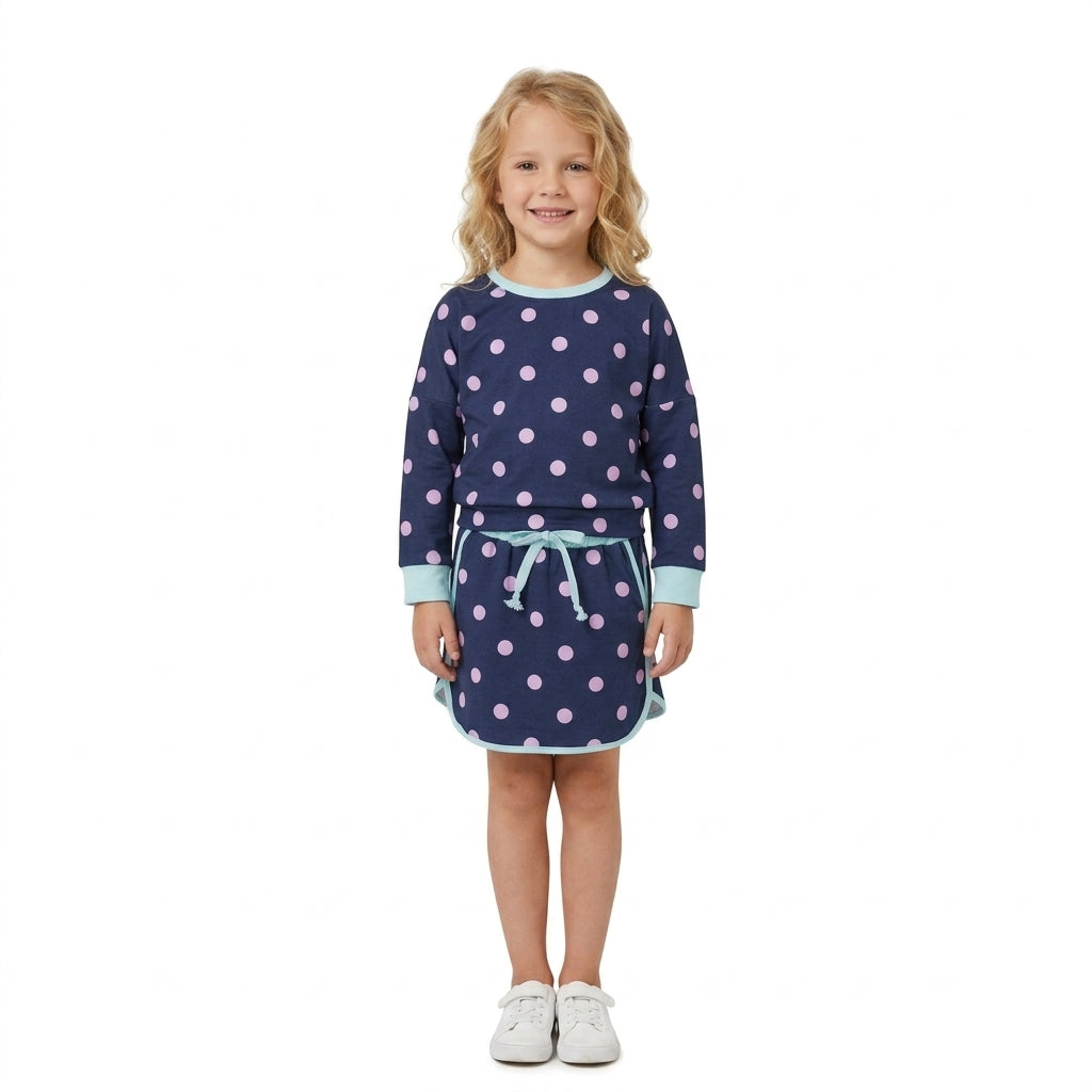 GLD1762 Dots Navy Long Sleeves Girls Skorts Set