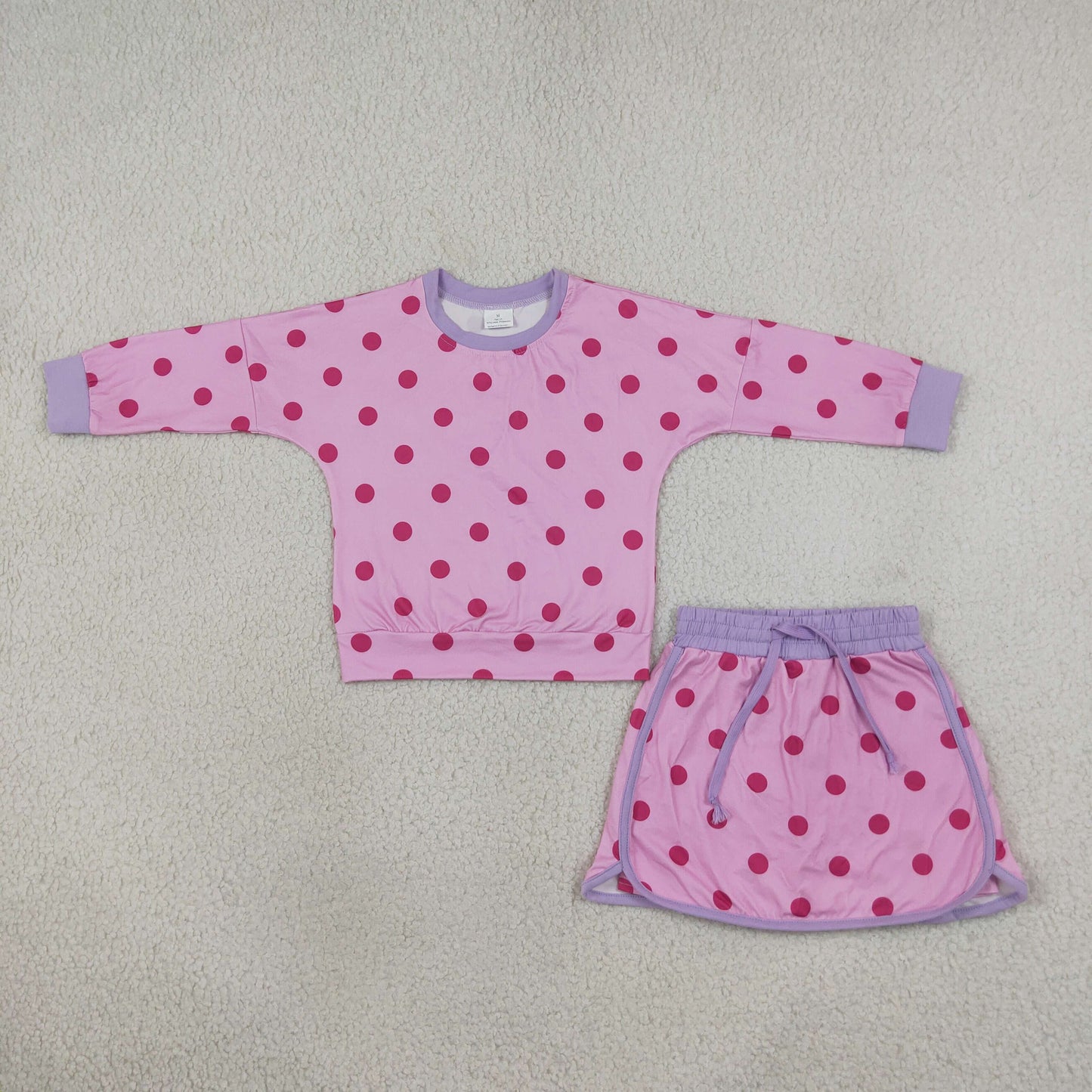GLD1763 Dots Rose Red Long Sleeves Girls Skorts Set