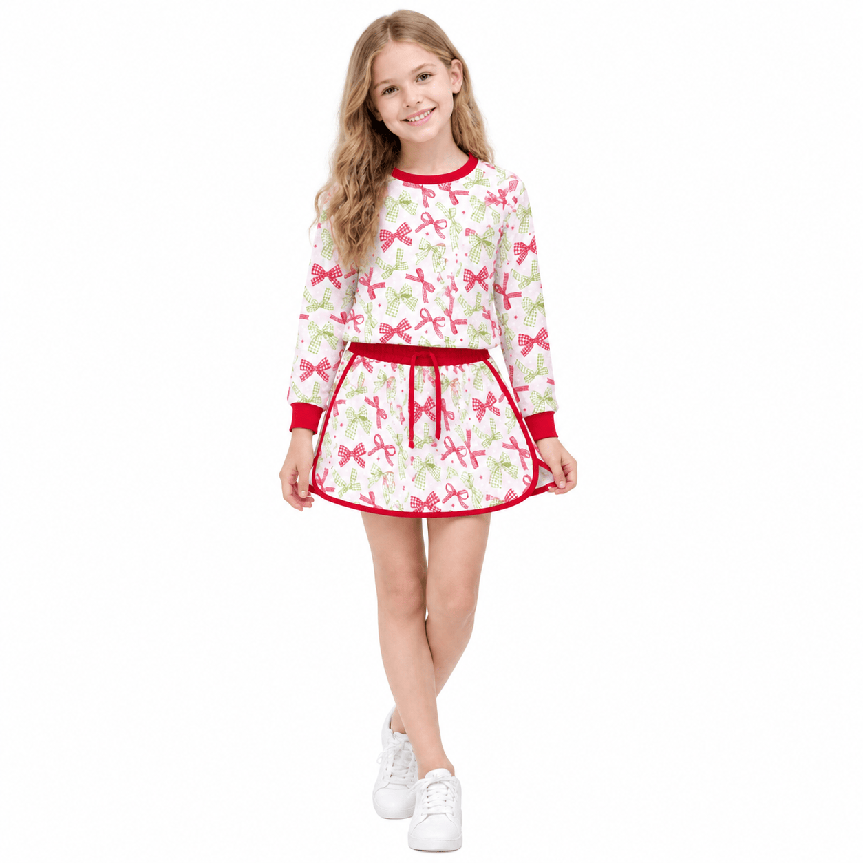 GLD1774 Christmas Bows Print Long Sleeves Girls Skorts Set