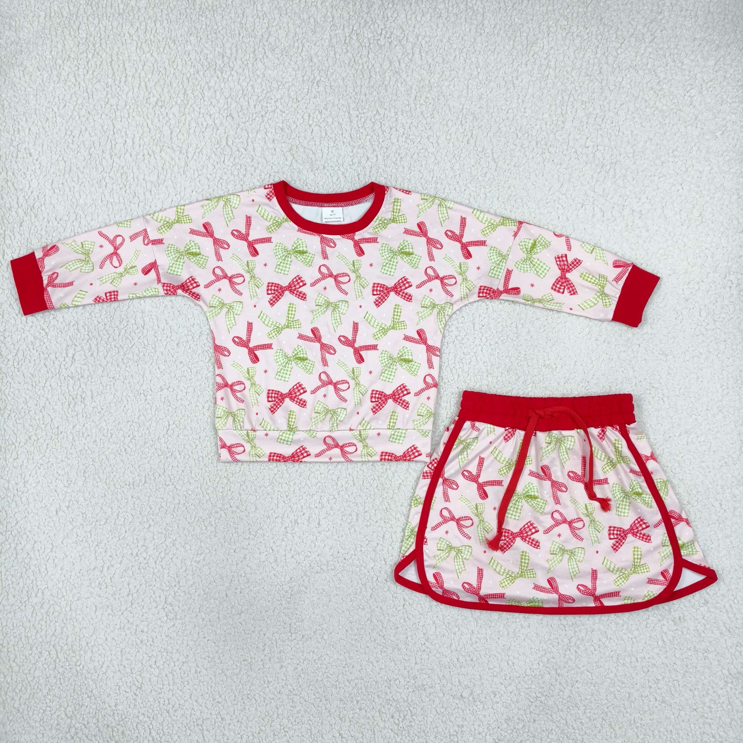 GLD1774 Christmas Bows Print Long Sleeves Girls Skorts Set