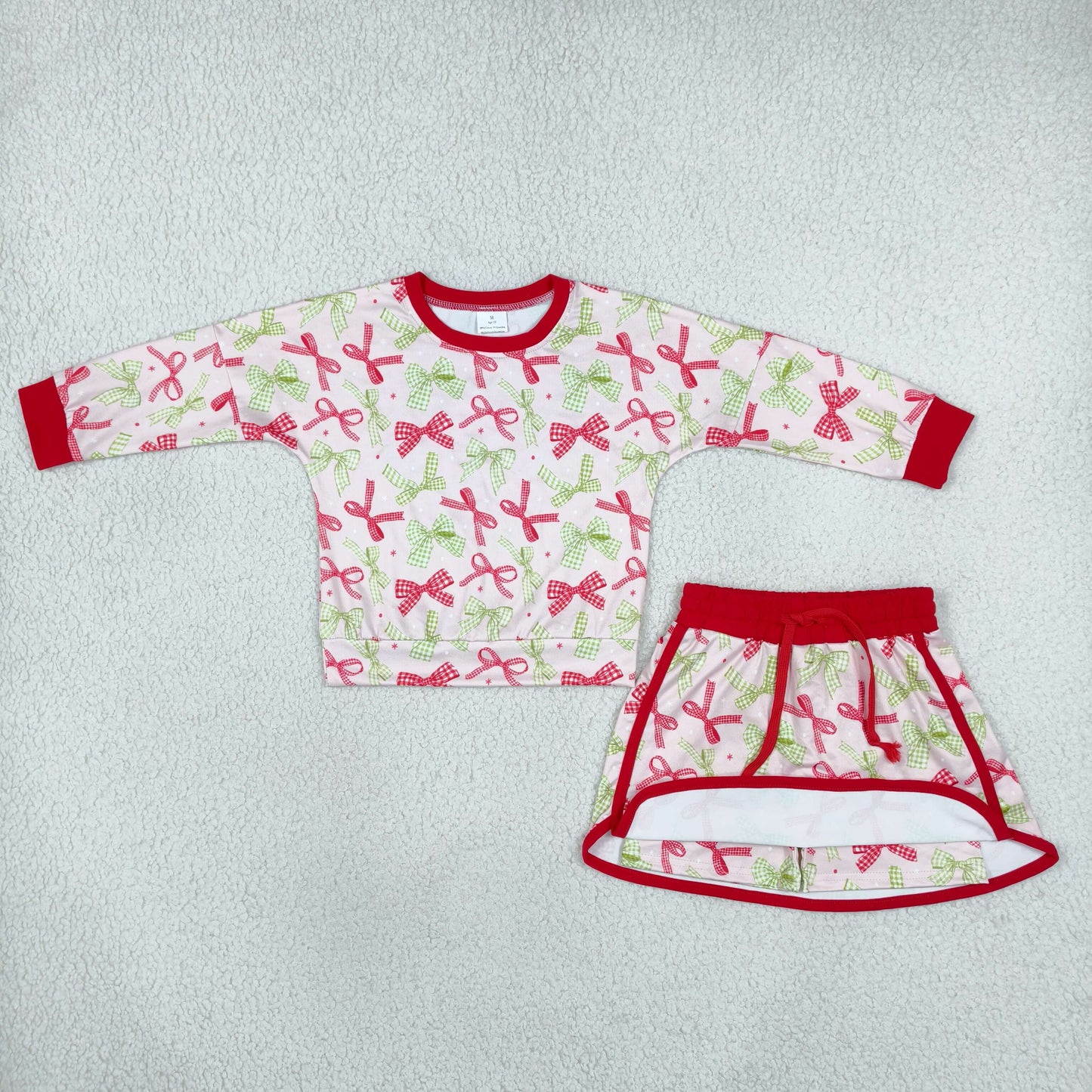 GLD1774 Christmas Bows Print Long Sleeves Girls Skorts Set